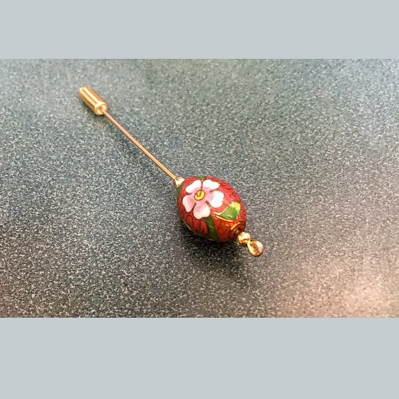 Hand-painted Floral Ceramic Bead Stick Pin 1970s - Picture 2 of 6